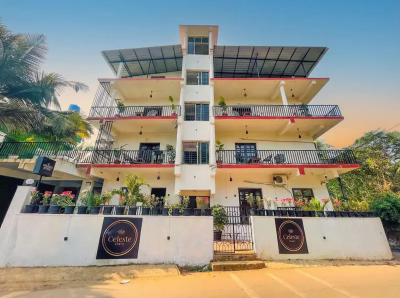 Celeste Stay building in Gauravaddo, Calangute, at sunset